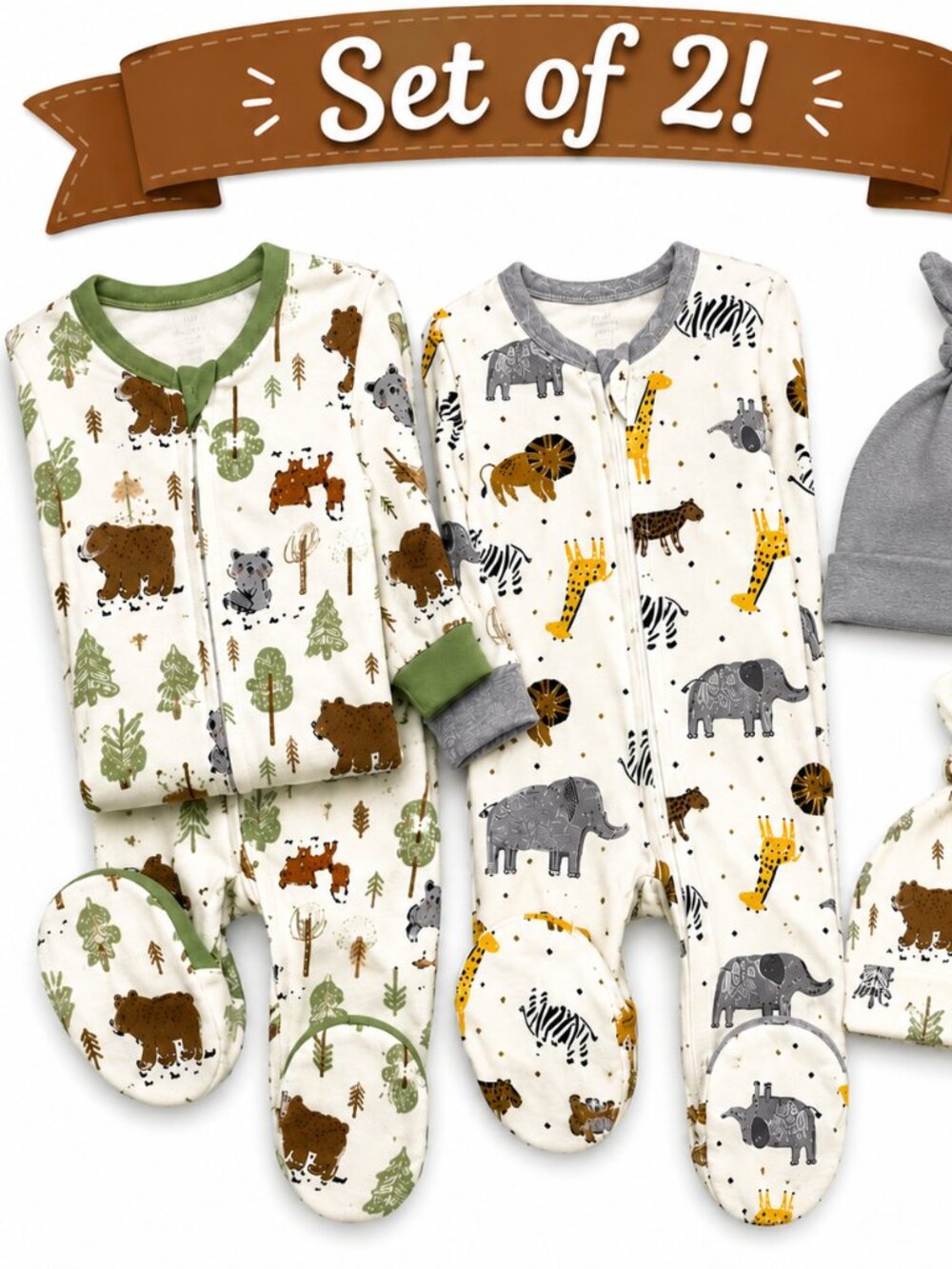 NWT Baby Essentials Set of 2 Footed Rompers Animal Theme Size 6 Months